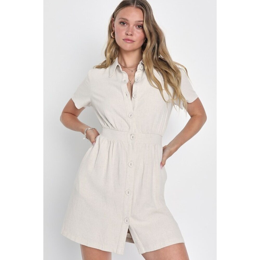 Lulus Essential Ease Beige Linen Button-up Mini Dress With Pockets - Size XL